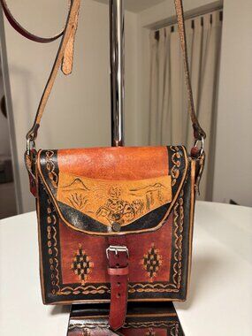 Vintage Hand Tooled Mexican Leather Crossbody Bag Aztec Calendar Warrior Desert